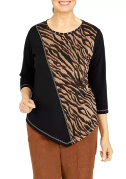 Cheap 🛒 Alfred Dunner 👩 Women's Madagascar Spliced Asymmetrical Hemline 3/4 Sleeve Top 🔥