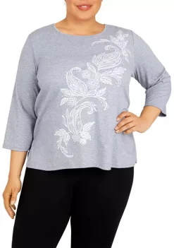 Buy 😉 Alfred Dunner Plus Size Stonehenge Crew Neck 3/4 Sleeve Knit Top 😍 -Alfred Dunner Sales Belk 2233