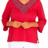 Buy ❤️ Alfred Dunner Petite Checking In Embroidered V-Neck 3/4 Sleeve Top 🌟 -Alfred Dunner Sales Belk 2234