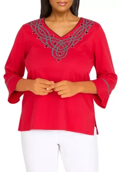 Buy ❤️ Alfred Dunner Petite Checking In Embroidered V-Neck 3/4 Sleeve Top 🌟