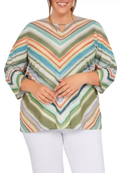 Hot Sale 🥰 Alfred Dunner Plus Size Copper Canyon 👩 Womens Split Neck Chevron Print Top 🧨 -Alfred Dunner Sales Belk 2274
