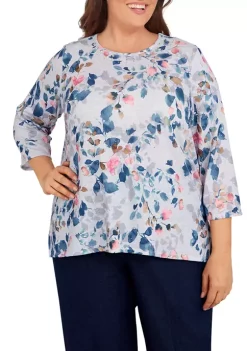 Wholesale 🧨 Alfred Dunner Plus Size Shenandoah Valley Crew Neck 3/4 Sleeve Leaf Print Top 🧨 -Alfred Dunner Sales Belk 2287