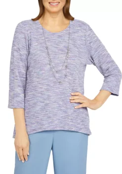 Discount 😍 Alfred Dunner Petite Victoria Falls Crewneck 3/4 Sleeve Texture Top With Detachable Necklace 😉 -Alfred Dunner Sales Belk 2297