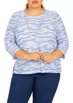 New 💯 Alfred Dunner Plus Size Shenandoah Valley Texture Crew Neck 3/4 Sleeve Print Top With Removable Necklace 😀