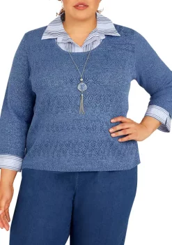 Outlet ✔️ Alfred Dunner Plus Size Shenandoah Valley Pointelle Sweater With Detachable Necklace 👏