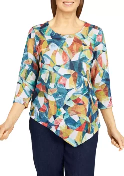 Best Pirce 🤩 Alfred Dunner Petite Lake Placid Embellished Asymmetrical Hemline Print Top 😉