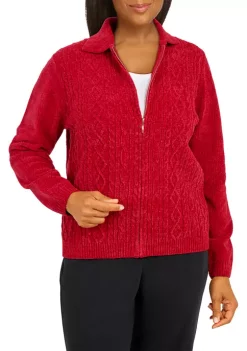 Best Sale ⌛ Alfred Dunner Petite Classics Zip Front Chenille Cardigan 🤩 -Alfred Dunner Sales Belk 232