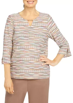 Best Pirce 🤩 Alfred Dunner Petite Stonehenge Crew Neck 3/4 Sleeve Top With Removable Necklace 💯