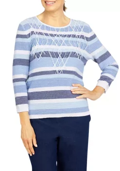 Coupon 👏 Alfred Dunner 👩 Women's Shenandoah Valley Crew Neck 3/4 Sleeve Stripe Sweater 💯 -Alfred Dunner Sales Belk 2352