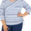 Best Pirce 👏 Alfred Dunner Plus Size Shenandoah Valley Spliced Crew Neck 3/4 Sleeve Fineline Stripe Print Top 🧨 -Alfred Dunner Sales Belk 2382