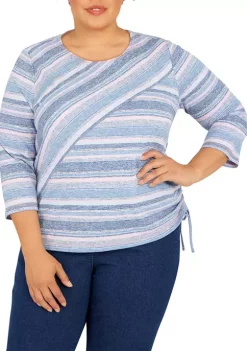 Best Pirce 👏 Alfred Dunner Plus Size Shenandoah Valley Spliced Crew Neck 3/4 Sleeve Fineline Stripe Print Top 🧨 -Alfred Dunner Sales Belk 2385