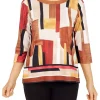 Discount 😉 Alfred Dunner Petite Madacascar 3/4 Sleeve Color Block Top with Suede Trim 🧨 -Alfred Dunner Sales Belk 2393