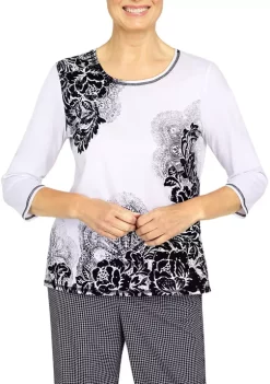 Best Pirce ⭐ Alfred Dunner Petite Asymmetrical Scroll Floral Top 😉 -Alfred Dunner Sales Belk 2409