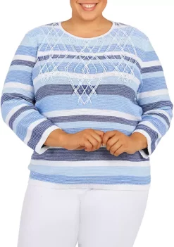 Hot Sale 👏 Alfred Dunner Plus Size Shenandoah Valley Crew Neck 3/4 Sleeve Stripe Sweater ✔️
