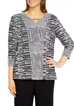 Discount π Alfred Dunner Petite Theater District Split Neck 3/4 Sleeves Spliced Texture Top π€©