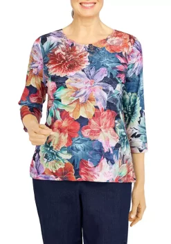 Hot Sale π― Alfred Dunner Petite Lace Neck Floral Print Top β