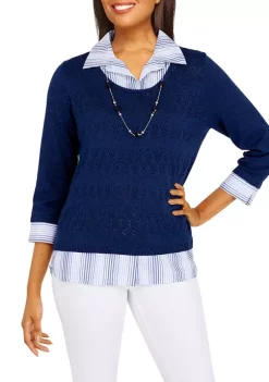 Top 10 π Alfred Dunner π© Women's Sloane Street Solid Pointelle Woven Stripe Sweater β