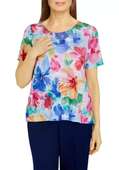 New ✔️ Alfred Dunner 👩 Women's Happy Hour Watercolor Floral Knit Top 💯