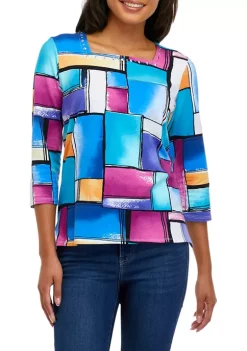 Flash Sale 🥰 Alfred Dunner 👩 Women's Shadow Boxes Printed Knit Top 🥰 -Alfred Dunner Sales Belk 2578