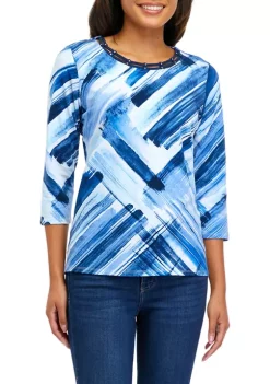 Outlet ⌛ Alfred Dunner 👩 Women's Brushstroke Print Knit Top 🤩