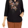 Discount 🛒 Alfred Dunner 👩 Women's Madagascar Beaded Split Neck 3/4 Sleeve Top 🤩 -Alfred Dunner Sales Belk 2617