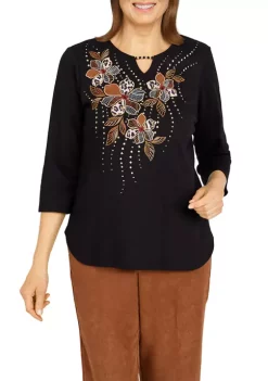 Discount 🛒 Alfred Dunner 👩 Women's Madagascar Beaded Split Neck 3/4 Sleeve Top 🤩 -Alfred Dunner Sales Belk 2619