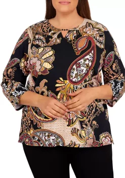 Hot Sale 🎁 Alfred Dunner Plus Size Madagascar Split Neck 3/4 Sleeve Paisley Print Top 🔥
