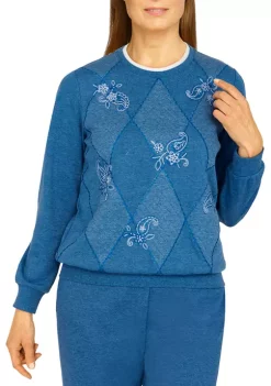 Best Pirce ⭐ Alfred Dunner Petite Floral Park Spliced Crew Neck Long Sleeve Top ✔️ -Alfred Dunner Sales Belk 2650