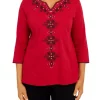 Best Pirce 🔔 Alfred Dunner 👩 Women's Empire State Solid Split Neck 3/4 Sleeve Top 🔥 -Alfred Dunner Sales Belk 309