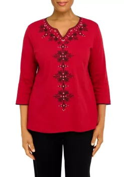 Best Pirce 🔔 Alfred Dunner 👩 Women's Empire State Solid Split Neck 3/4 Sleeve Top 🔥 -Alfred Dunner Sales Belk 311