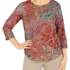 Promo ❤️ Alfred Dunner Petite Copper Canyon Three-Quarter Sleeve Paisley Print Top With Removable Necklace 🔔 -Alfred Dunner Sales Belk 32