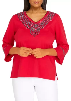 Best deal 🔥 Alfred Dunner Plus Size Checking In Embroidered V-Neck 3/4 Sleeve Top 😍 -Alfred Dunner Sales Belk 322