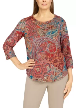 Promo ❤️ Alfred Dunner Petite Copper Canyon Three-Quarter Sleeve Paisley Print Top With Removable Necklace 🔔 -Alfred Dunner Sales Belk 34