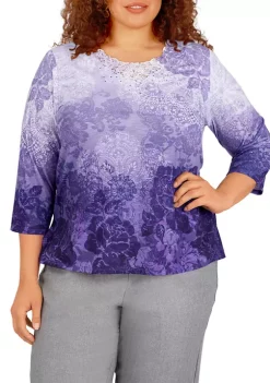 Discount ⌛ Alfred Dunner Plus Size 3/4 Sleeve Medallion Ombré Print Top ⭐ -Alfred Dunner Sales Belk 379
