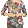 Best Sale 🎁 Alfred Dunner Petite Copper Canyon Asymmetrical Hem 3/4 Sleeve Floral Print Top 🎁 -Alfred Dunner Sales Belk 38
