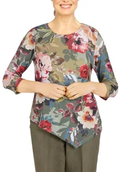 Best Sale 🎁 Alfred Dunner Petite Copper Canyon Asymmetrical Hem 3/4 Sleeve Floral Print Top 🎁