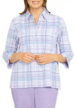 Top 10 🤩 Alfred Dunner Petite Victoria Falls Plaid Corduroy 3/4 Sleeve 👕 Shirt 🔥 -Alfred Dunner Sales Belk 402
