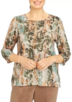 Hot Sale 🎁 Alfred Dunner Petite Copper Canyon Crew Neck Three-Quarter Sleeve Top 😍 -Alfred Dunner Sales Belk 46