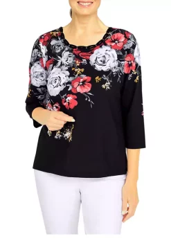Promo 🎁 Alfred Dunner Petite Empire State Crew Neck 3/4 Sleeve Floral Print Top 💯