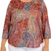 Cheap 🌟 Alfred Dunner Plus Size Copper Canyon Three-Quarter Sleeve Paisley Print Top With Removable Necklace 👏 -Alfred Dunner Sales Belk 475