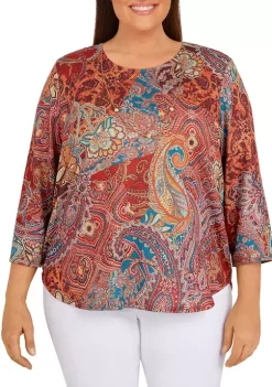 Cheap 🌟 Alfred Dunner Plus Size Copper Canyon Three-Quarter Sleeve Paisley Print Top With Removable Necklace 👏