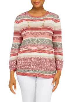 Deals 💯 Alfred Dunner Petite Copper Canyon Three-Quarter Sleeve Striped Sweater With Removable Necklace 🧨 -Alfred Dunner Sales Belk 52