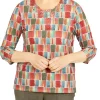 Promo 🔥 Alfred Dunner Petite Copper Canyon Crew Neck Three-Quarter Sleeve Geo-Print Top 🎉
