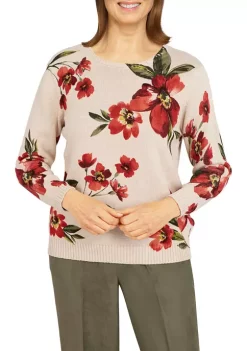 Budget 🎉 Alfred Dunner Petite Copper Canyon Crew Neck Long Sleeve Floral Print Sweater 👍