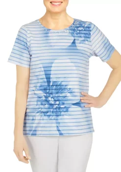 Coupon ✔️ Alfred Dunner Plus Size Short Sleeve Floral Striped Tie Dye T-Shirt 😀