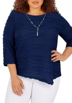 Discount 🎉 Alfred Dunner Plus Size Classics F2 Solid Texture Top With Necklace ❤️ -Alfred Dunner Sales Belk 643