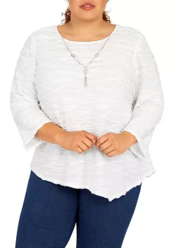 Discount 🎉 Alfred Dunner Plus Size Classics F2 Solid Texture Top With Necklace ❤️ -Alfred Dunner Sales Belk 644