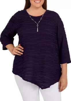 Discount 🎉 Alfred Dunner Plus Size Classics F2 Solid Texture Top With Necklace ❤️ -Alfred Dunner Sales Belk 645
