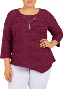 Discount 🎉 Alfred Dunner Plus Size Classics F2 Solid Texture Top With Necklace ❤️ -Alfred Dunner Sales Belk 646