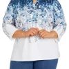 Deals 😉 Alfred Dunner Plus Size Floral Park Split Neck 3/4 Sleeve Ombre Leaf Print Top 💯 -Alfred Dunner Sales Belk 710